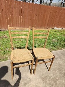 Antique Ladder Back Chairs Set Of 2 Rush Seats Made In Italy