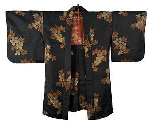 Vtg Japanese Haori Kimono Jacket Kasuri Autumn Leaves Silk Dyed Lining
