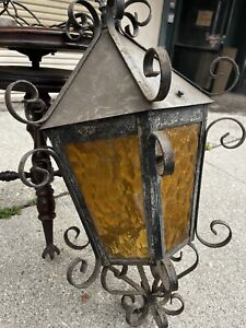 Vintage Spanish Style Wrought Iron Amber Glass Hanging Lantern Mid Century