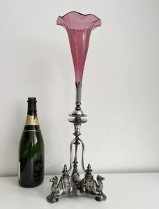Antique Silver Plated Cranberry Glass Epergne Centrepiece Vase