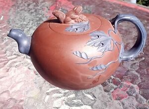 Yixing Hong Ni Purple Clay Squirrel And Leaves Tea Pot With Blue Accents