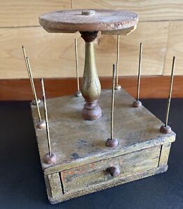 Antique Primitive Thread Spool Holder Wood Caddy W Drawer Vintage Sewing