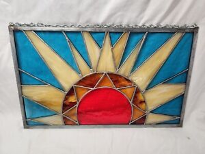 Vintage Handcrafted Stained Glass Window Panel With Sunburst Design