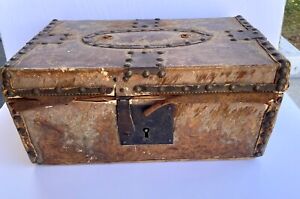 Antique Roulstone Trunk Cowhide Leather Cover Forged Iron Brass Pre Civil War