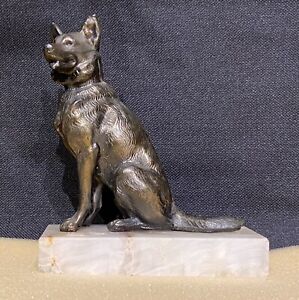 Vintage Cast Metal German Shepherd Dog Figurine Statue Marble Base Antique 4 5 
