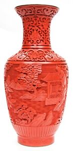 Vintage Chinese Republic Period Cinnabar Fine Hand Carved Lacquer Vase Enamel