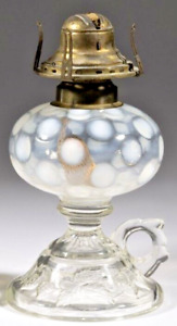 Antique Opalescent Coin Spot Glass Kerosene Oil Footed Hand Lamp Strawberry Base
