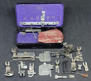 Antique Greist Rotary Sewing Machine Attachments Metal Case 20 Pieces Parts Nice