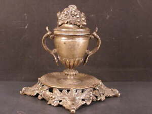  Victorian Solid Bronze Flower Basket Urn Paper Weight Ink Stand Holder Inkwell 