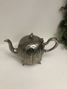 Antique Teapot Silver Metal Pumpkin Shape Footed