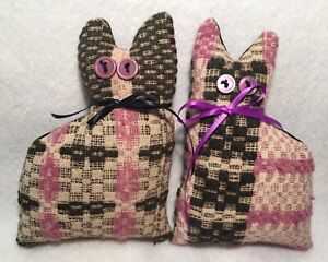 Antique Black Fushia Wool Overshot Coverlet Kitty Bowl Fillers Set Of 2