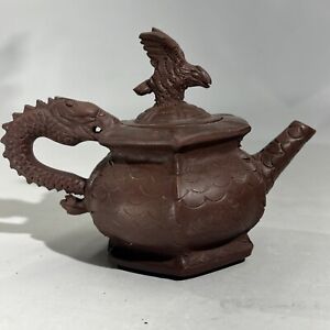 Antique Chinese Republic Period Yixing Clay Dragon Eagle Teapot Signed
