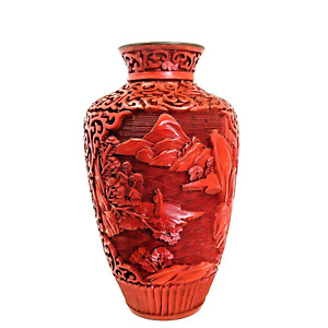 Vintage Hand Carved Cinnabar Lacquer Blue Enamel Over Brass Red Vase 7 