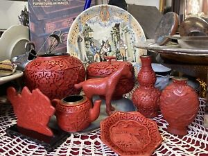 Chinese Lacquer Cinnabar Carved Figure Sculptures Horse Vase Teapot Snuff Bottle