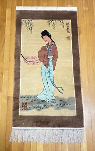 Vintage Chinese Silk Pictorial Rug Wall Hanging Tapestry Signed 4x2 Spring Lady