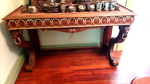 Antique Highly Carved Lions French Walnut W Gold Trim Console Table