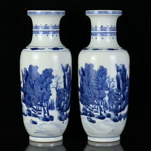 A Pair Chinese Blue White Porcelain Hand Painted Exquisite Landscape Vase 14840