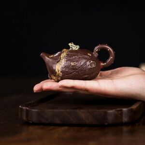 Yixing Zisha Purple Clay Pottery Handmade Tea Pot Frog Lotus Carved True Puer