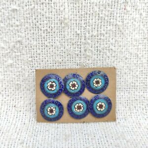 Vintage Floral Enamel Silver Button Set Of 6 Pre Independence Sewing Collectible