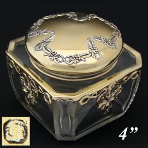 Antique French Sterling Silver Vermeil Cut Glass 4 Vanity Jar Art Nouveau