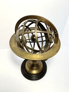Vintage Bombay Armillary Brass Desktop Globe Sphere Wooden Base Zodiac Astrolabe