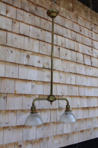 Antique Industrial Brass 2 Arms Ceiling Light Fixture Holophane Style Shade
