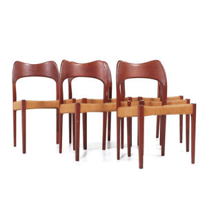 Arne Hovmand Olsen For Mogens Kold Mcm Danish Teak Papercord Dining Chairs 6