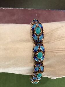 Antique Chinese Export Silver Gold Wash Persian Turquoise Enamel Bracelet
