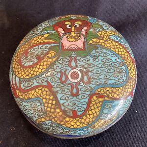 Vintage Or Antique Chinese Cloisonne Covered Box With Imperial Dragon
