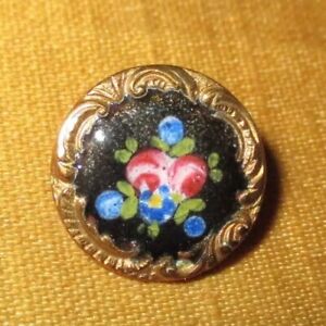 Antique Victorian Art Nouveau Button French Enamel Flowers W Rococo Border
