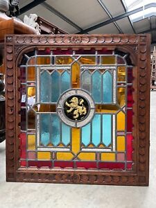 Exceptional Antique Stained Glass Door Panel With Lion 1 
