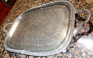 Vintage Antique Large Heavy Silver Plated Rectangular Handled Tray 24 W X 14 L