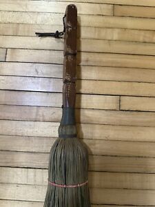 Antique Primitive Hearth Broom Vintage Fireplace Carved Wood Handle 23 