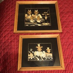 Vintage Rose Brand Malay Straw Picture Framed Artwork Lot Of 2