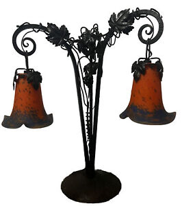 Gothic Wrought Iron Bronze Lamp Le Verre Francais Lumieres French Vianne Glass