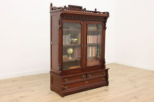 Victorian Eastlake Antique Carved Mahogany Library Bookcase 48645