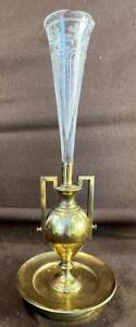 Antique Old Brass And Cut Etched Glass Epergne Single Bud Flower Vase