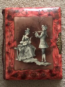 Antique Music Box Celluloid Photo Album Man Lady Playing Instruments On Cover