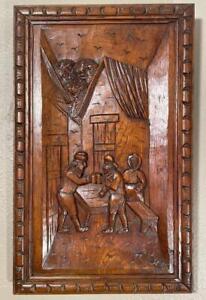 Hand Carved Belgian Antique Oak Wood Panel With Bar Drinking Scene