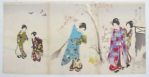 Japanese Woodblock Triptych Print Antique By Chikanobu Yoshu Snow Sweeping 1895
