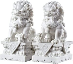 Chinese White Marble Royal Fengshui Foo Fu Dog Guardion Door Lion Pair Statue