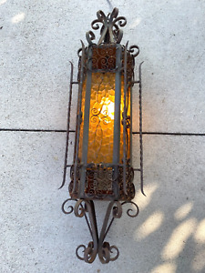 Vintage Wrought Iron Lamp Amber Crackle Gothic Spanish Revival