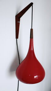 Vintage Holmegaard Mcm Danish Modern Hanging Teak Red Cased Glass Wall Sconce