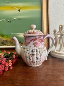 Antique 1900 S Japanese Moriage Porcelain Pink Chrysanthemum Teapot