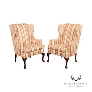 Hickory Chair Queen Anne Style Pair Of Mahogany Wing Chairs