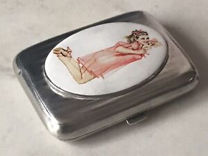 Silver Enamel Curved Cigarette Case Depicting Pin Up Lady Hallmark Chester1917
