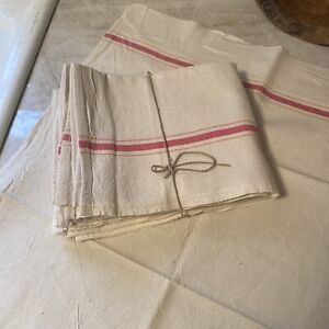 Authentic Antique French Dish Soft Towel Natural White Muted Red Stripe Linen