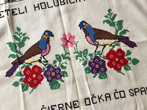 Vtg Hungarian Slovakia Handmade Embroidery Pillow Cover Birds Saying