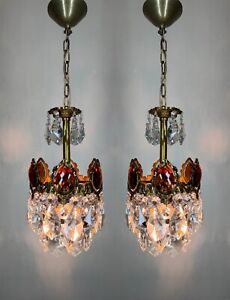 Pair Of Antique Vintage Brass Crystal Chandelier Ceiling Lamp Lighting 1960s