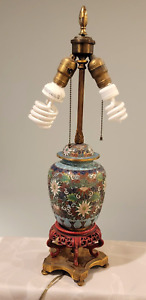 Fine Vintage Cloisonn Floral Table Lamp Vase Brass Base 24 Tall Working